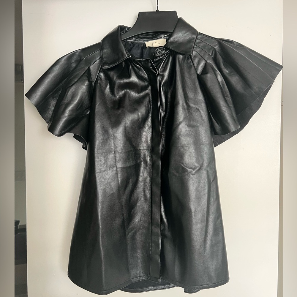 Elan Black Leather Women's Flutter-sleeve Top